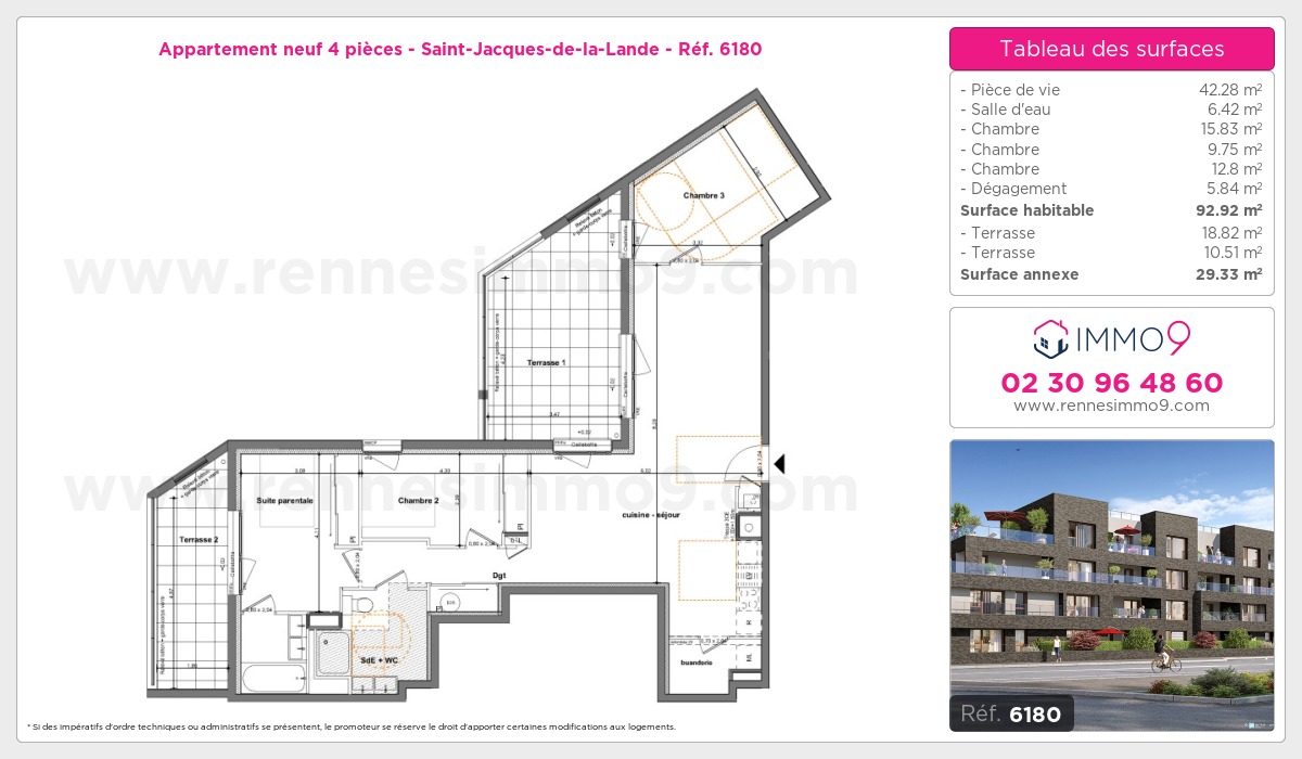 Plan et surfaces, Programme neuf Saint-Jacques-de-la-Lande Référence n° 6180