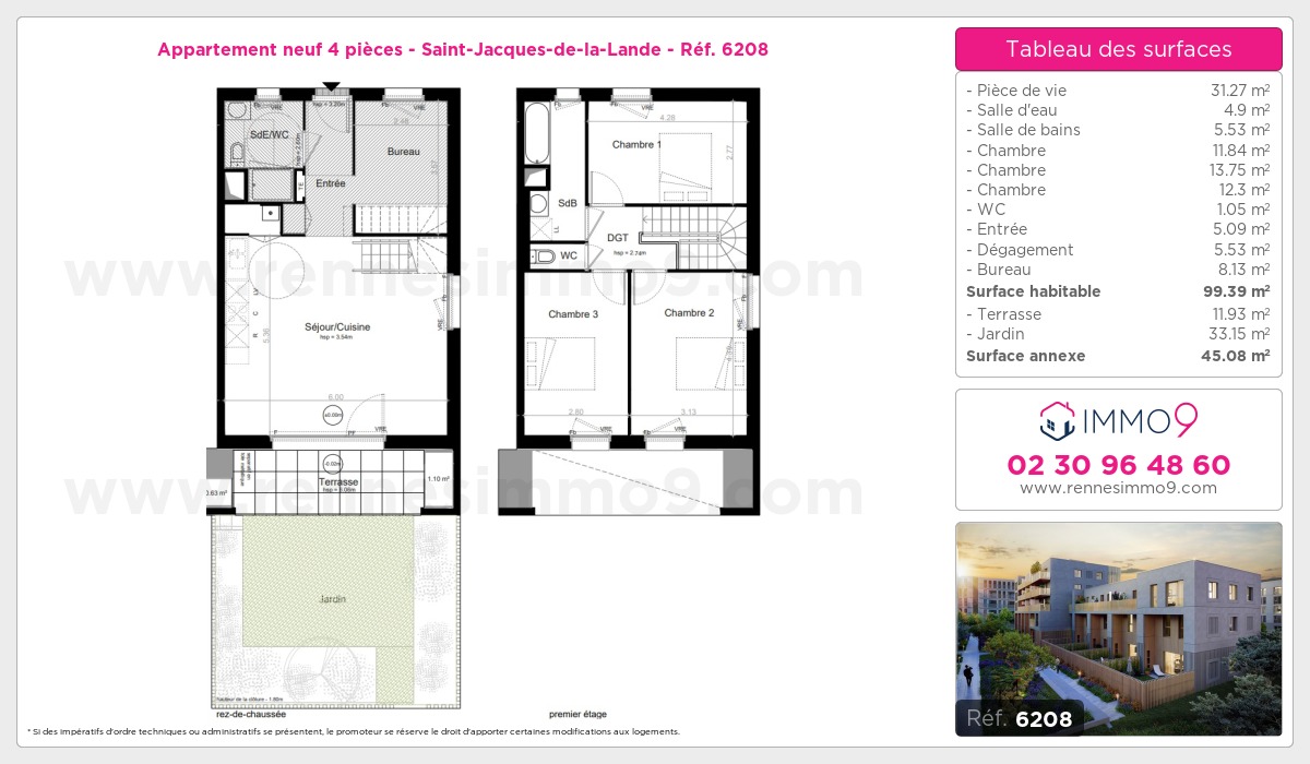 Plan et surfaces, Programme neuf Saint-Jacques-de-la-Lande Référence n° 6208