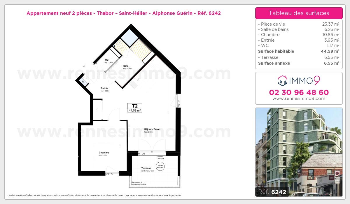 Plan et surfaces, Programme neuf Rennes : Thabor – Saint-Hélier - Alphonse Guérin Référence n° 6242