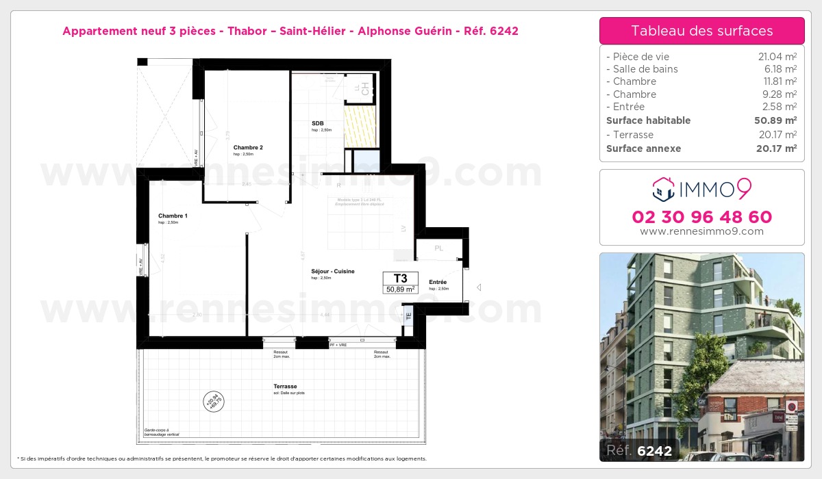 Plan et surfaces, Programme neuf Rennes : Thabor – Saint-Hélier - Alphonse Guérin Référence n° 6242