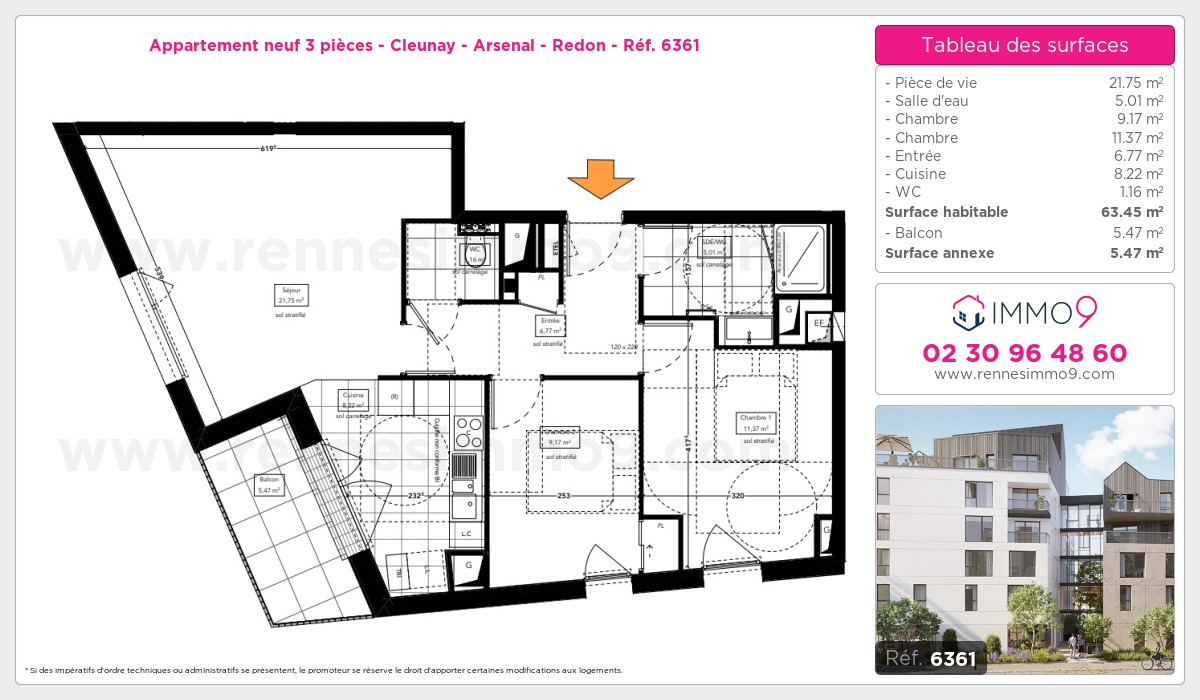 Plan et surfaces, Programme neuf Rennes : Cleunay - Arsenal - Redon Référence n° 6361