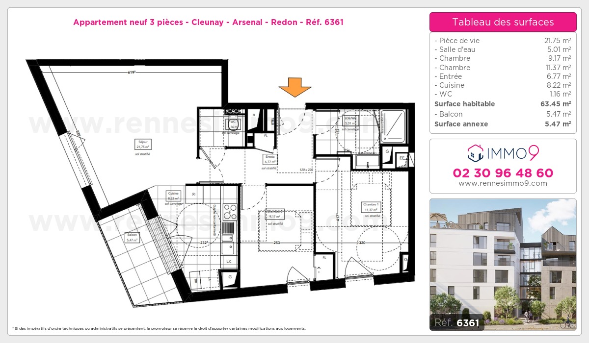 Plan et surfaces, Programme neuf Rennes : Cleunay - Arsenal - Redon Référence n° 6361
