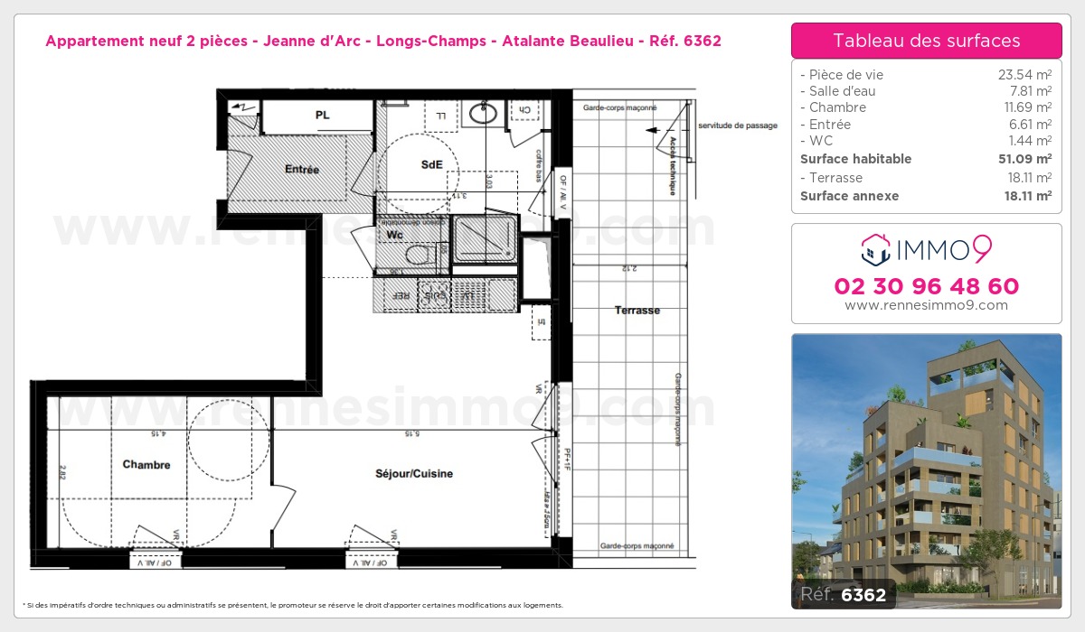 Plan et surfaces, Programme neuf Rennes : Jeanne d'Arc - Longs-Champs - Atalante Beaulieu Référence n° 6362