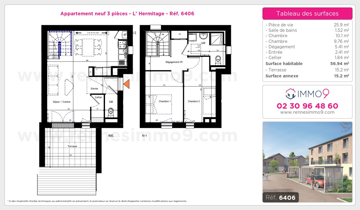 Plan et surfaces, Programme neuf Hermitage Référence n° 6406