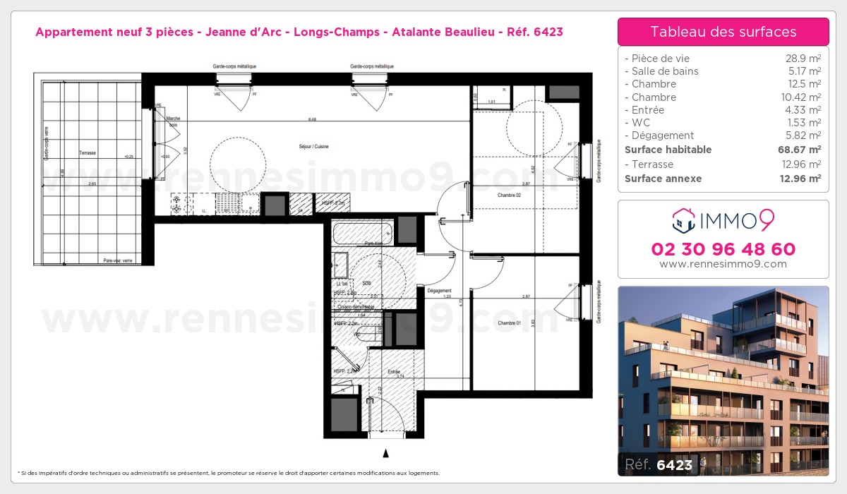 Plan et surfaces, Programme neuf Rennes : Jeanne d'Arc - Longs-Champs - Atalante Beaulieu Référence n° 6423