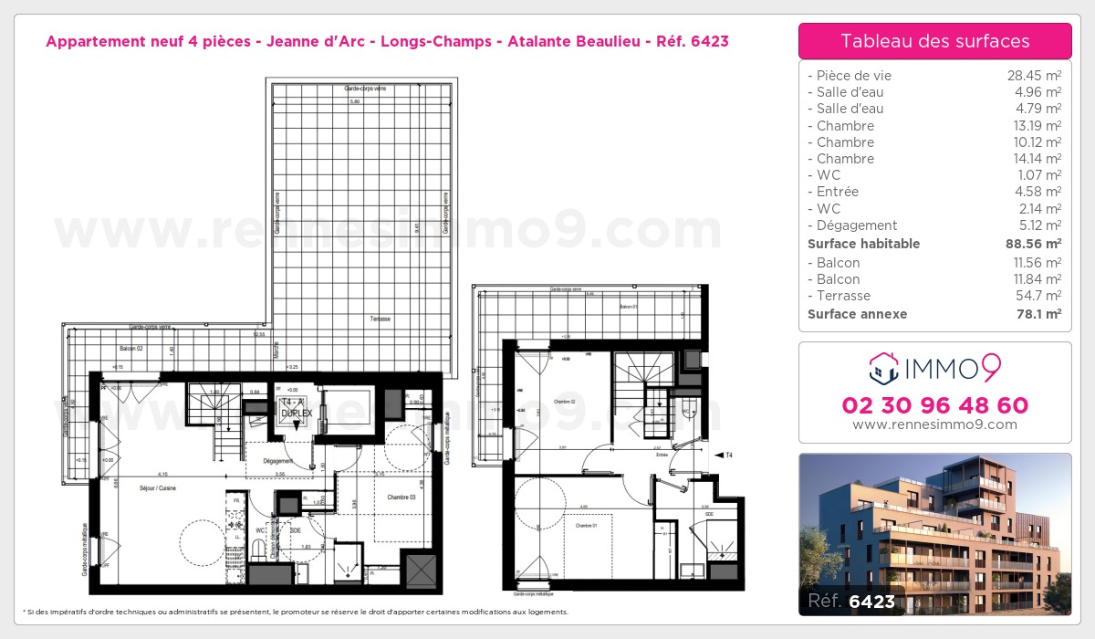 Plan et surfaces, Programme neuf Rennes : Jeanne d'Arc - Longs-Champs - Atalante Beaulieu Référence n° 6423