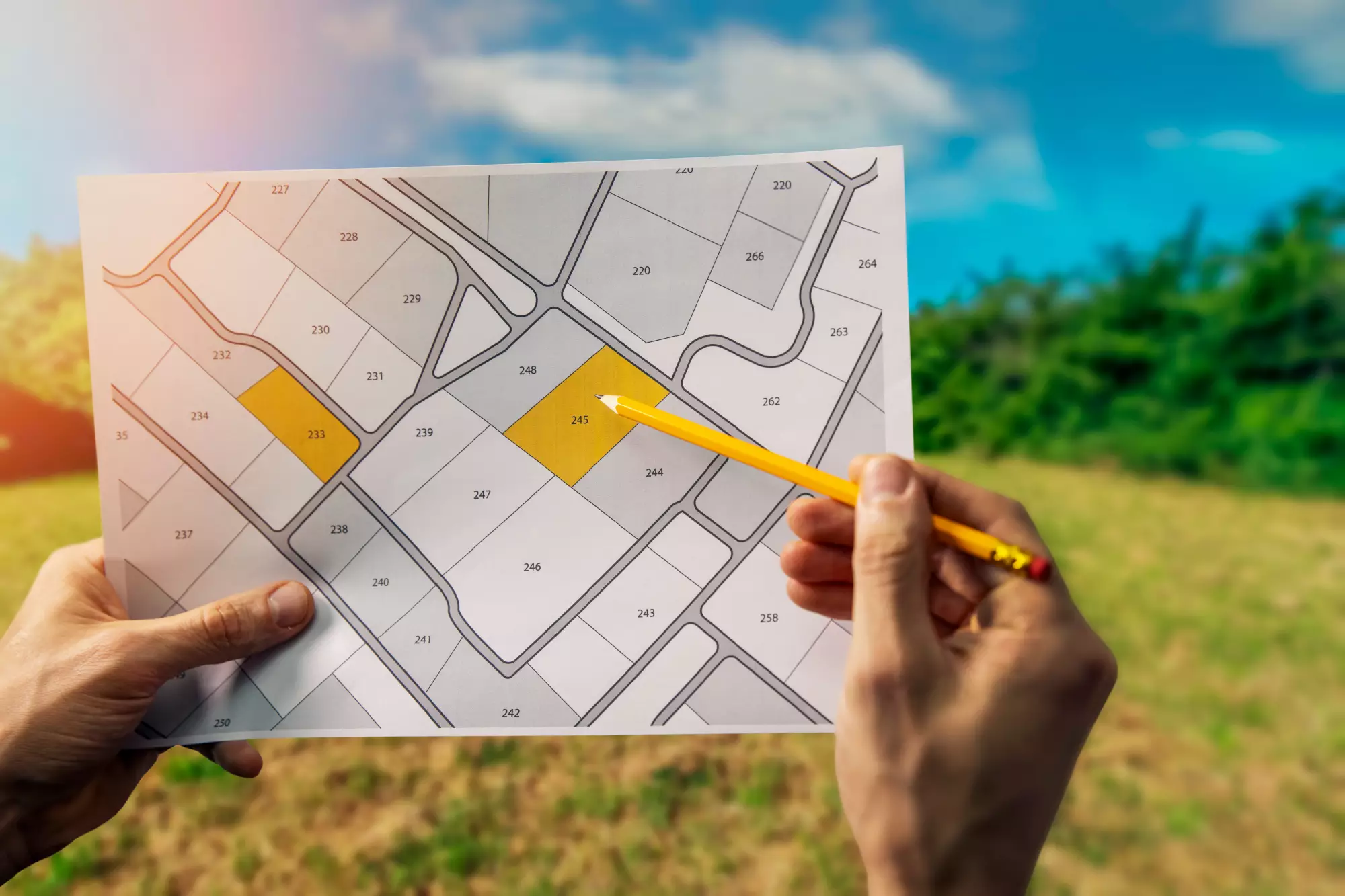 Vente de terrain pour construction - carte cadastrale sur fond de champ