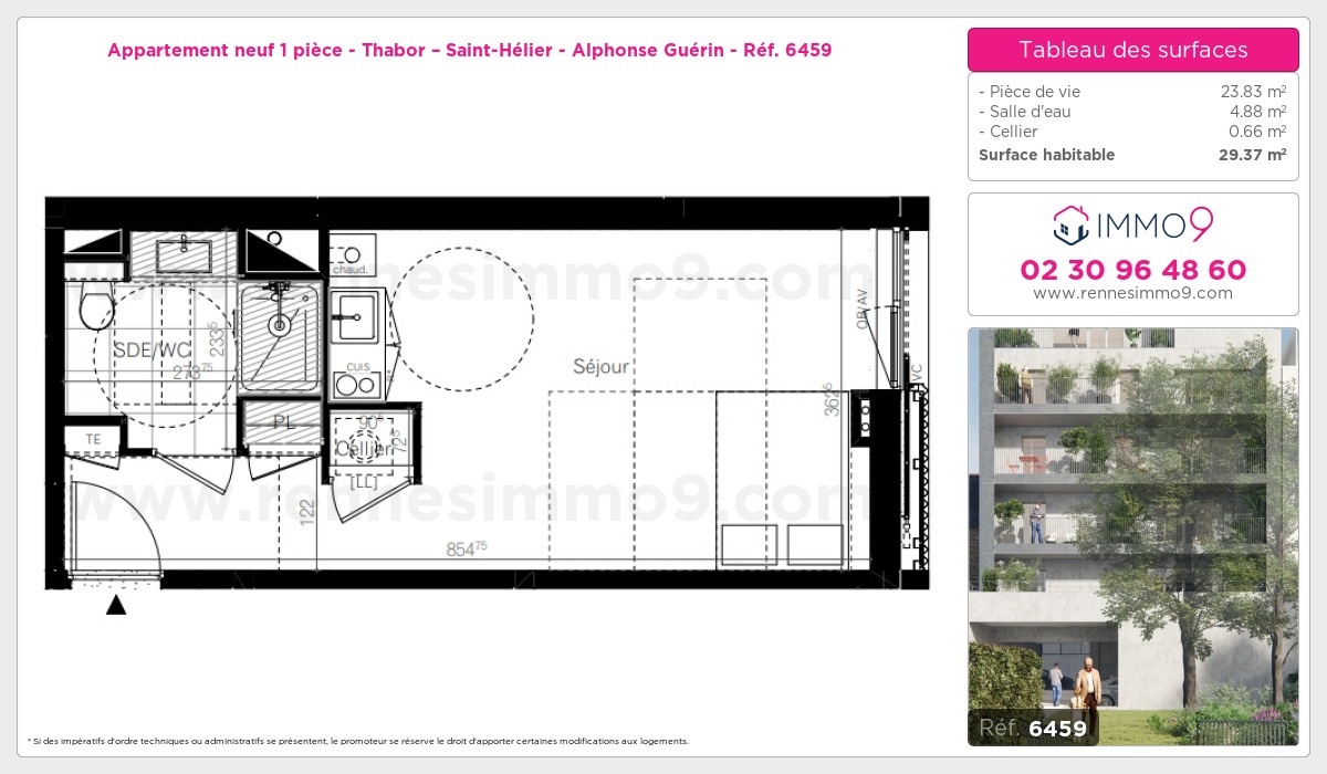 Plan et surfaces, Programme neuf Rennes : Thabor – Saint-Hélier - Alphonse Guérin Référence n° 6459