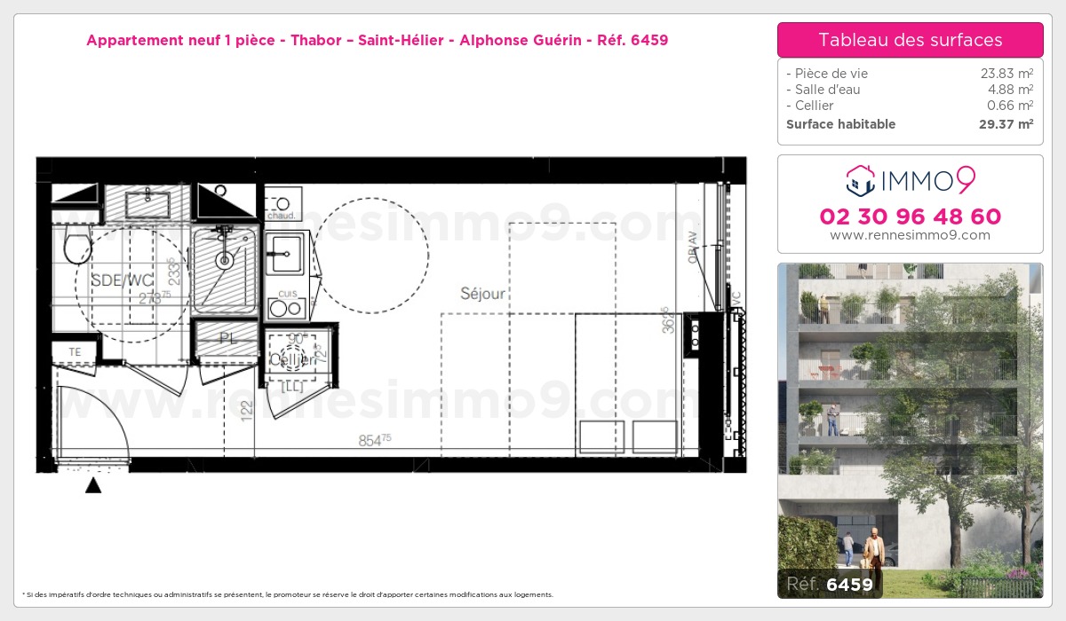 Plan et surfaces, Programme neuf Rennes : Thabor – Saint-Hélier - Alphonse Guérin Référence n° 6459
