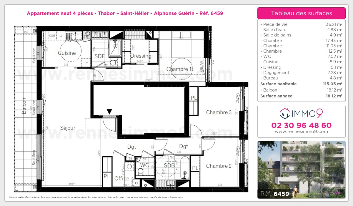 Plan et surfaces, Programme neuf Rennes : Thabor – Saint-Hélier - Alphonse Guérin Référence n° 6459