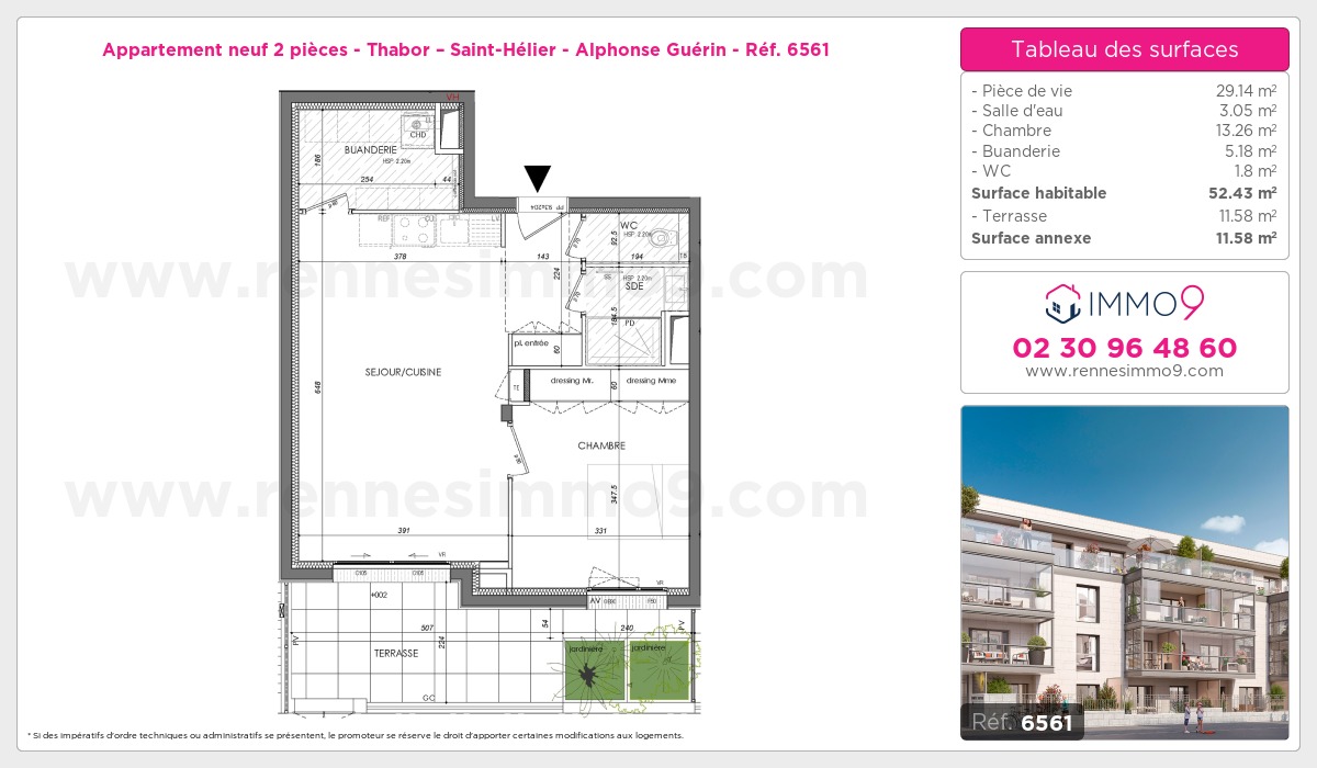 Plan et surfaces, Programme neuf Rennes : Thabor – Saint-Hélier - Alphonse Guérin Référence n° 6561