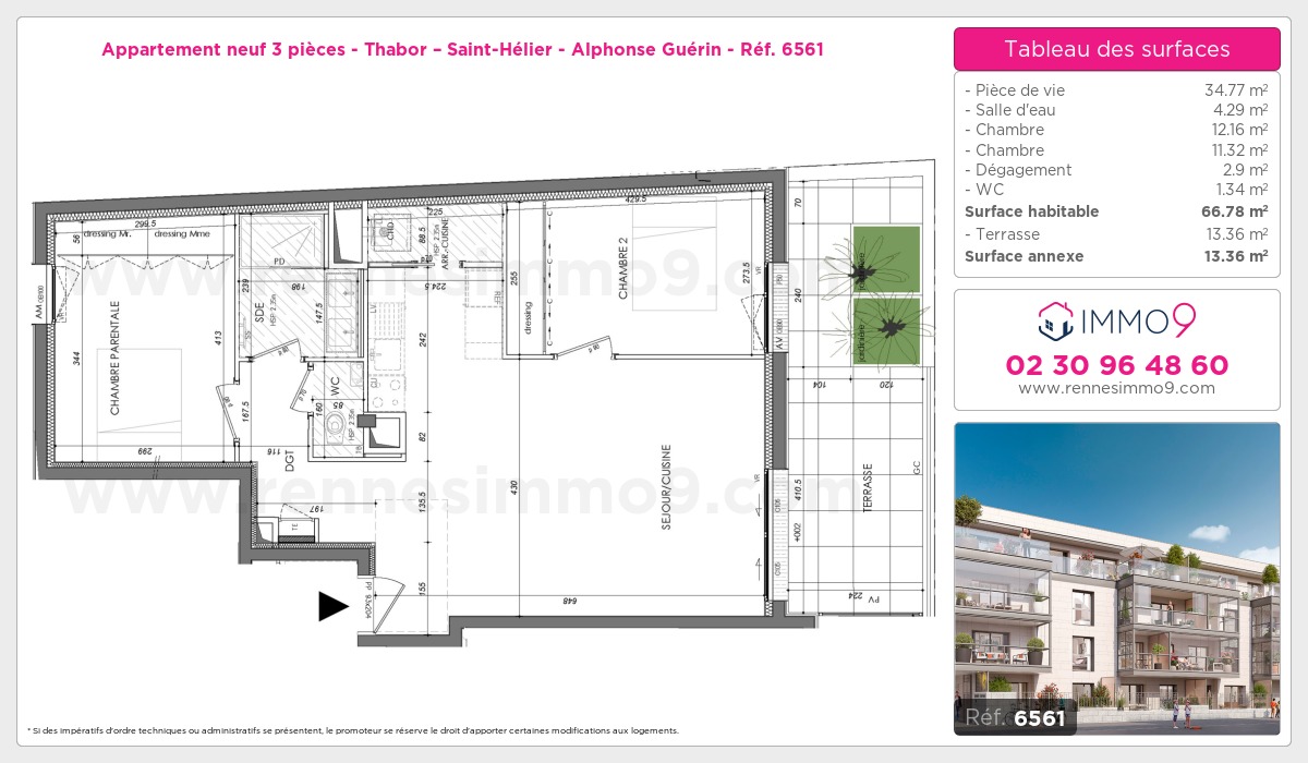 Plan et surfaces, Programme neuf Rennes : Thabor – Saint-Hélier - Alphonse Guérin Référence n° 6561