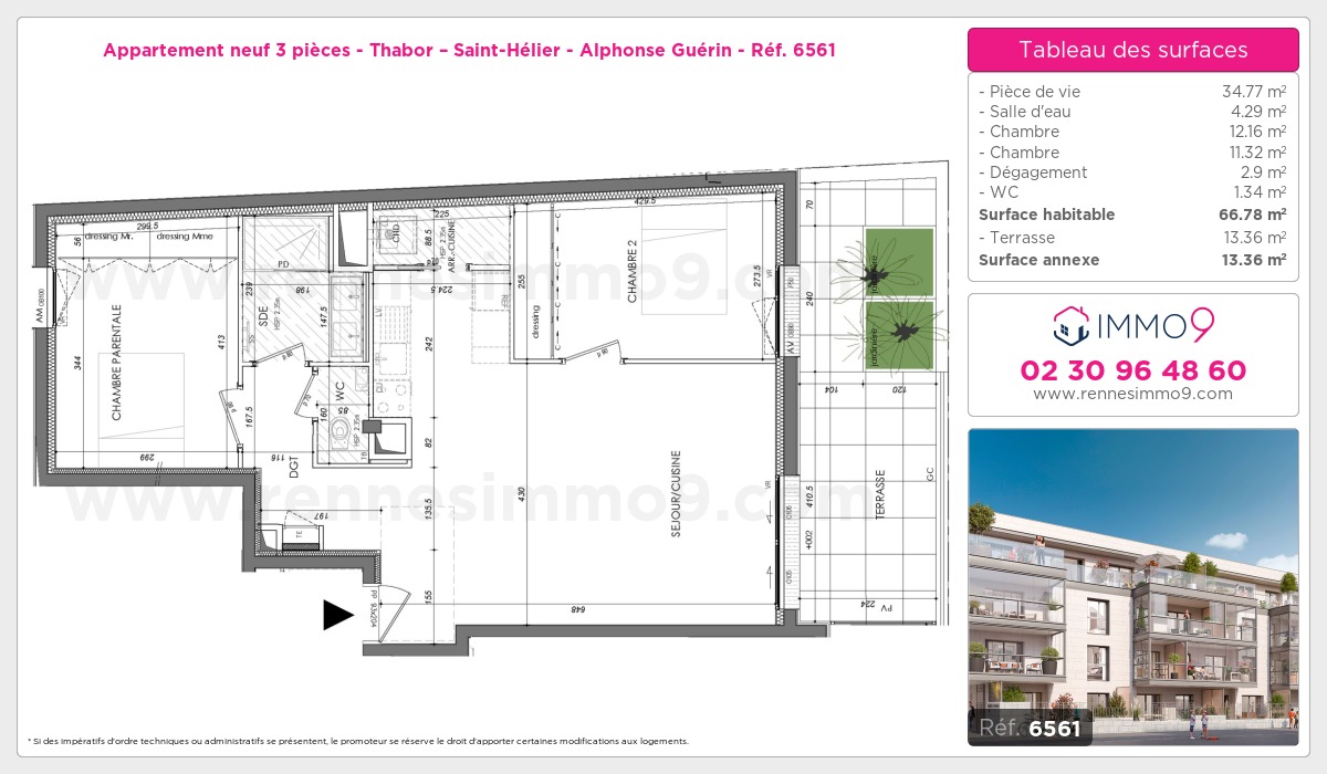 Plan et surfaces, Programme neuf Rennes : Thabor – Saint-Hélier - Alphonse Guérin Référence n° 6561