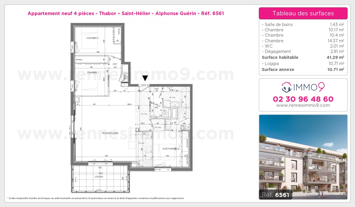 Plan et surfaces, Programme neuf Rennes : Thabor – Saint-Hélier - Alphonse Guérin Référence n° 6561