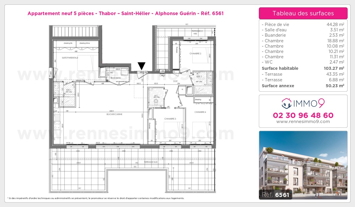 Plan et surfaces, Programme neuf Rennes : Thabor – Saint-Hélier - Alphonse Guérin Référence n° 6561