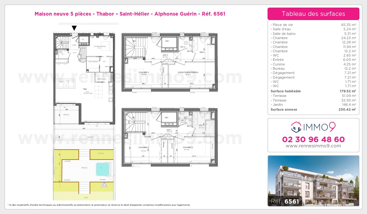 Plan et surfaces, Programme neuf Rennes : Thabor – Saint-Hélier - Alphonse Guérin Référence n° 6561