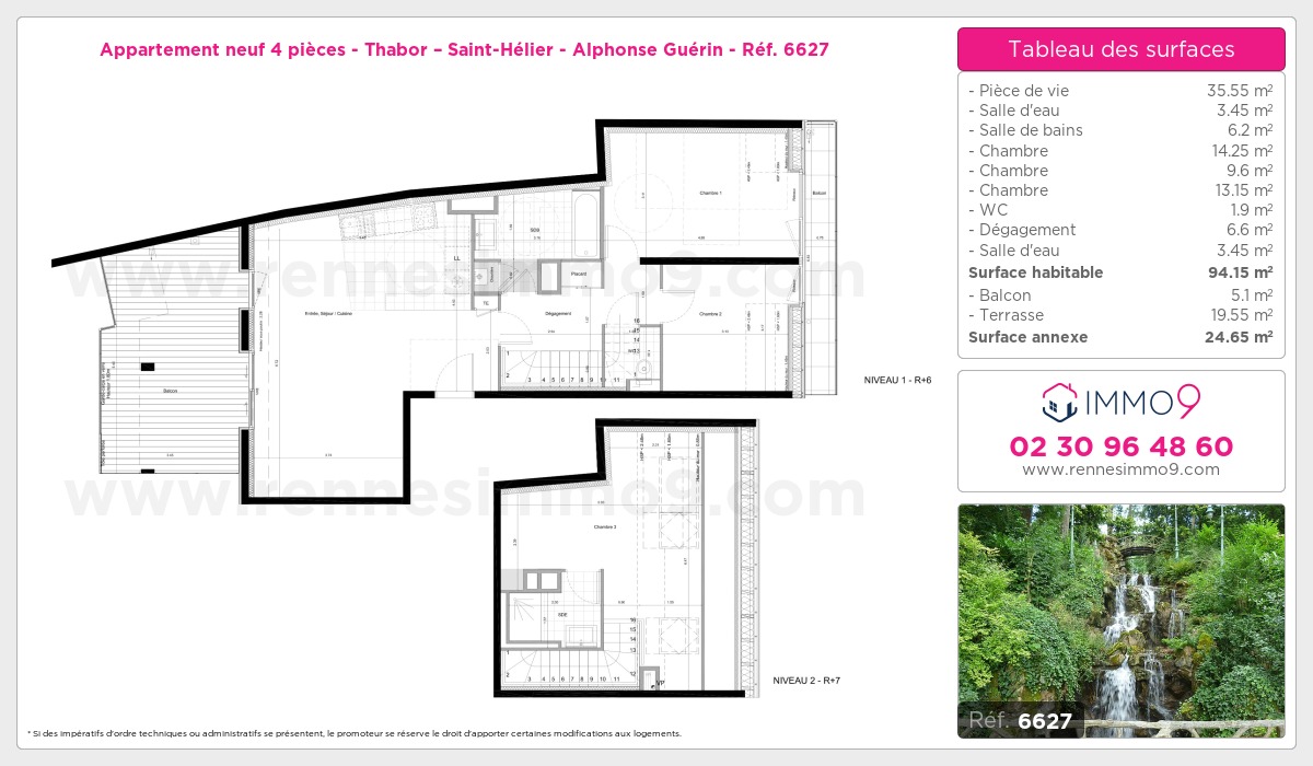 Plan et surfaces, Programme neuf Rennes : Thabor – Saint-Hélier - Alphonse Guérin Référence n° 6627