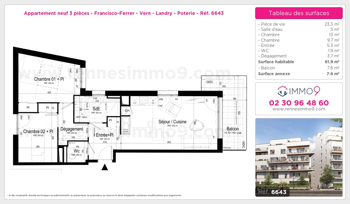 Plan et surfaces, Programme neuf Rennes : Francisco-Ferrer - Vern - Landry - Poterie Référence n° 6643