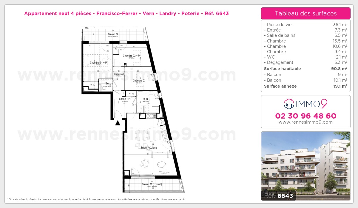 Plan et surfaces, Programme neuf Rennes : Francisco-Ferrer - Vern - Landry - Poterie Référence n° 6643