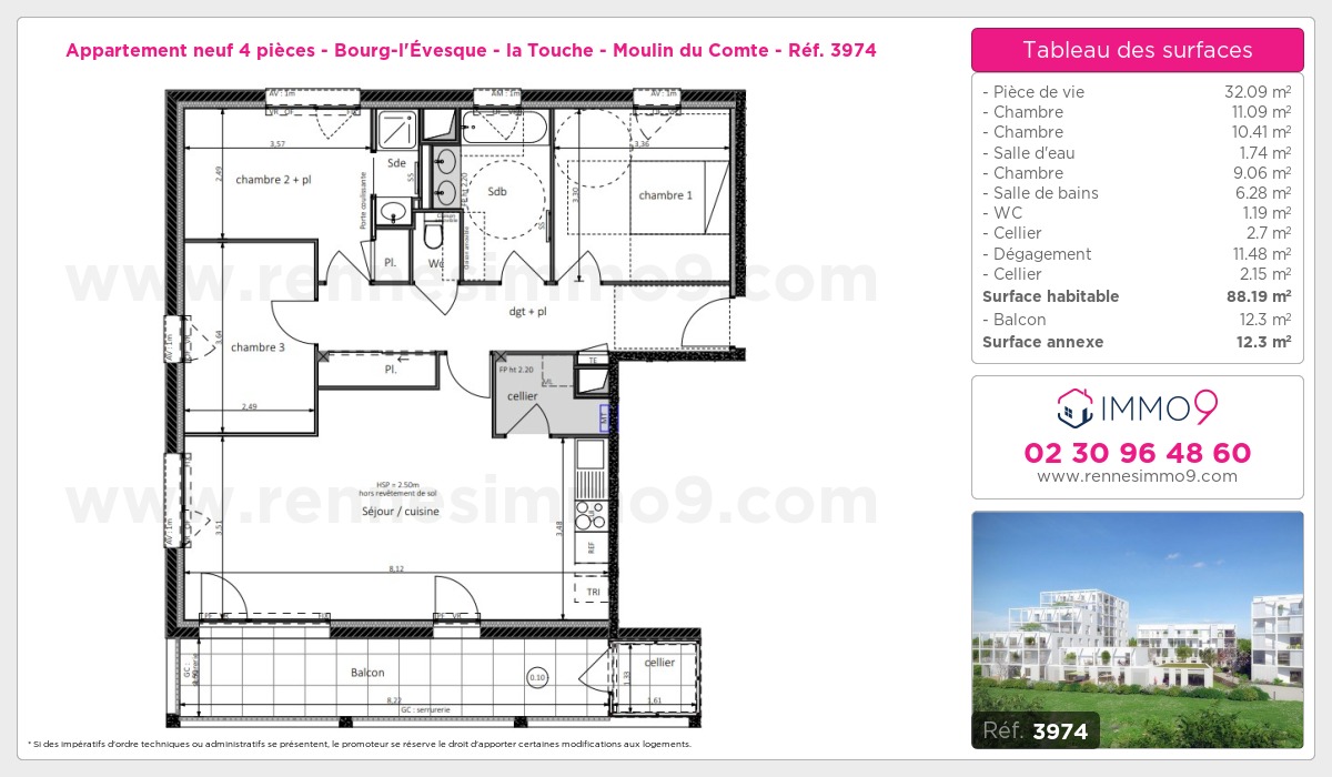 Plan et surfaces, Programme neuf Rennes : Bourg-l'Évesque - la Touche - Moulin du Comte Référence n° 3974