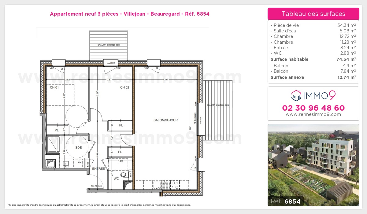 Plan et surfaces, Programme neuf Rennes : Villejean - Beauregard Référence n° 6854