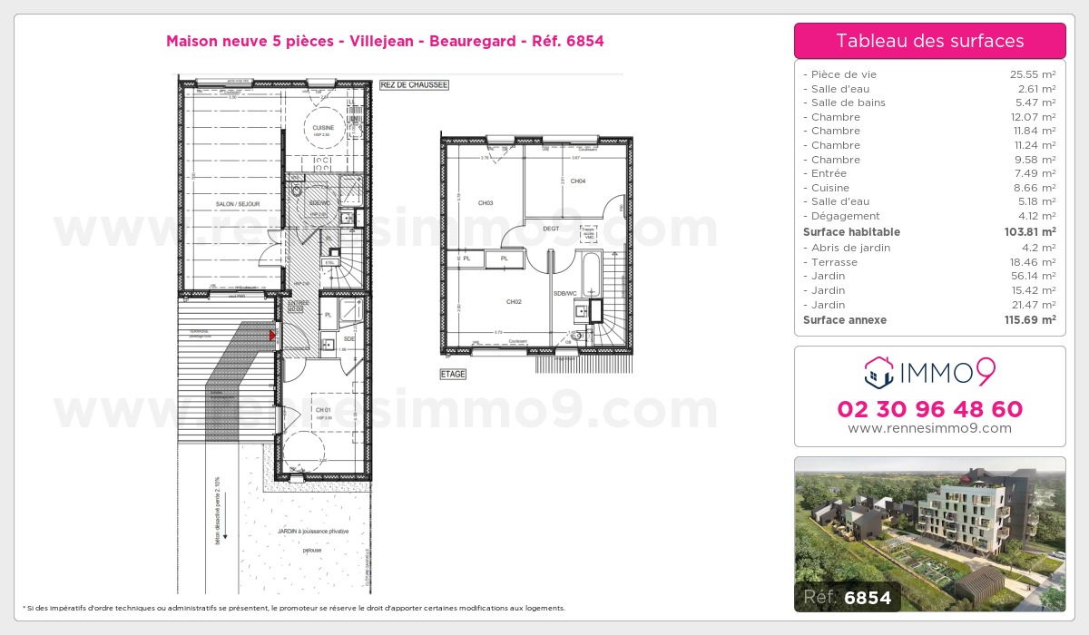 Plan et surfaces, Programme neuf Rennes : Villejean - Beauregard Référence n° 6854