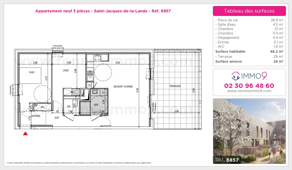 Plan et surfaces, Programme neuf Saint-Jacques-de-la-Lande Référence n° 6857