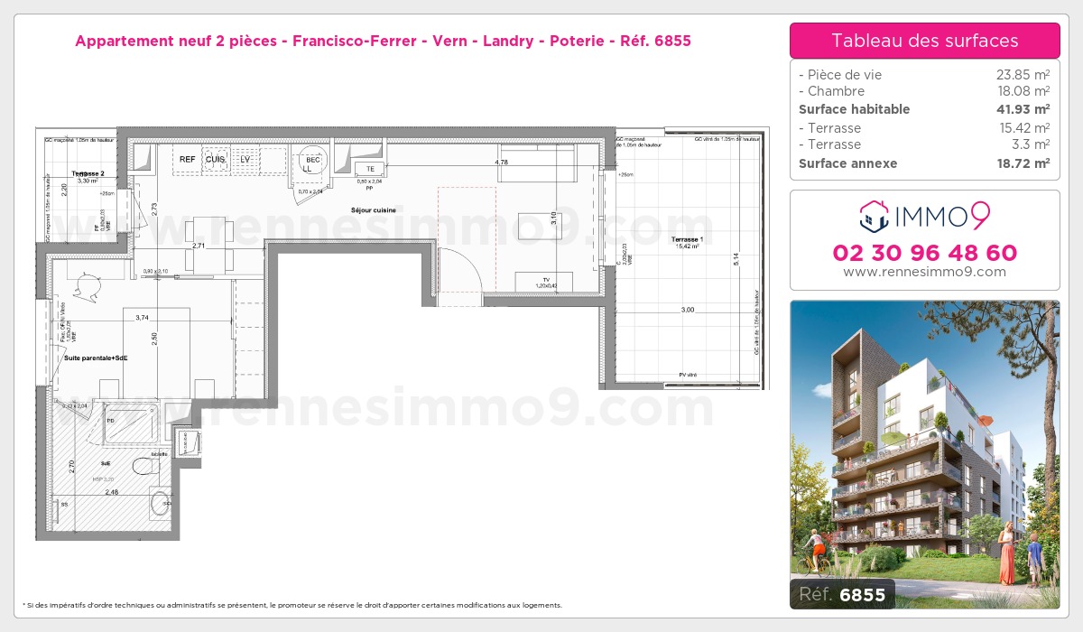 Plan et surfaces, Programme neuf Rennes : Francisco-Ferrer - Vern - Landry - Poterie Référence n° 6855