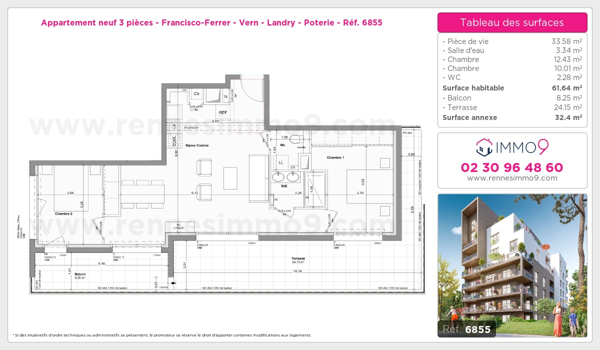 Plan et surfaces, Programme neuf Rennes : Francisco-Ferrer - Vern - Landry - Poterie Référence n° 6855