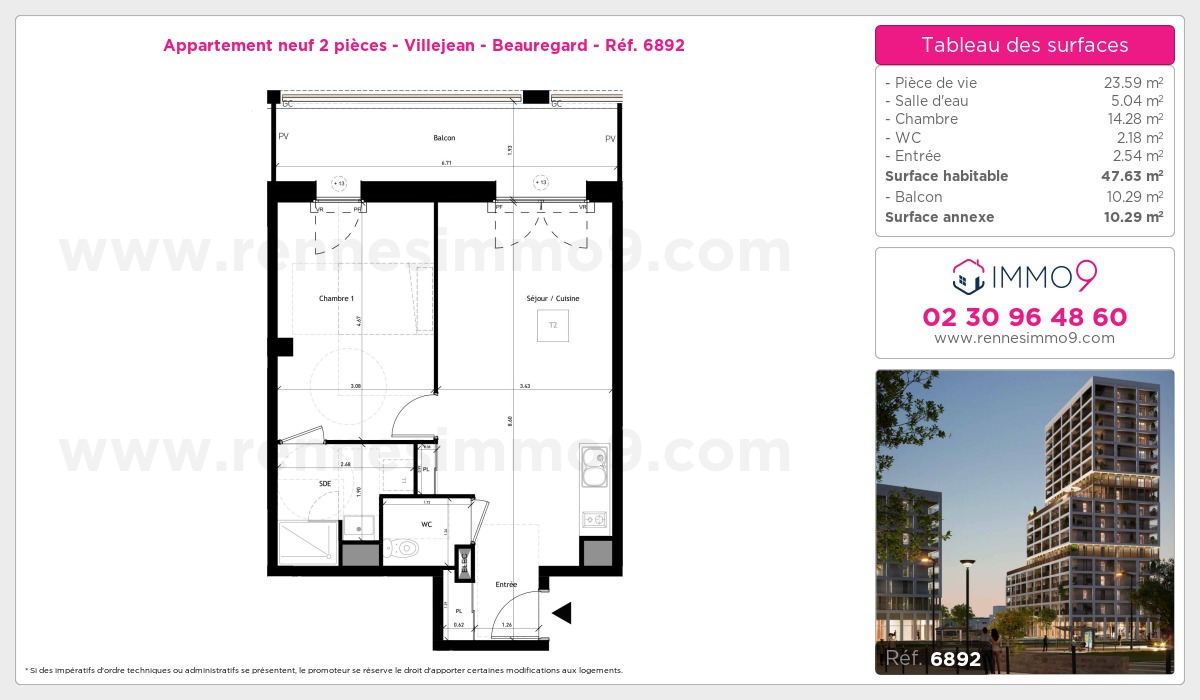 Plan et surfaces, Programme neuf Rennes : Villejean - Beauregard Référence n° 6892