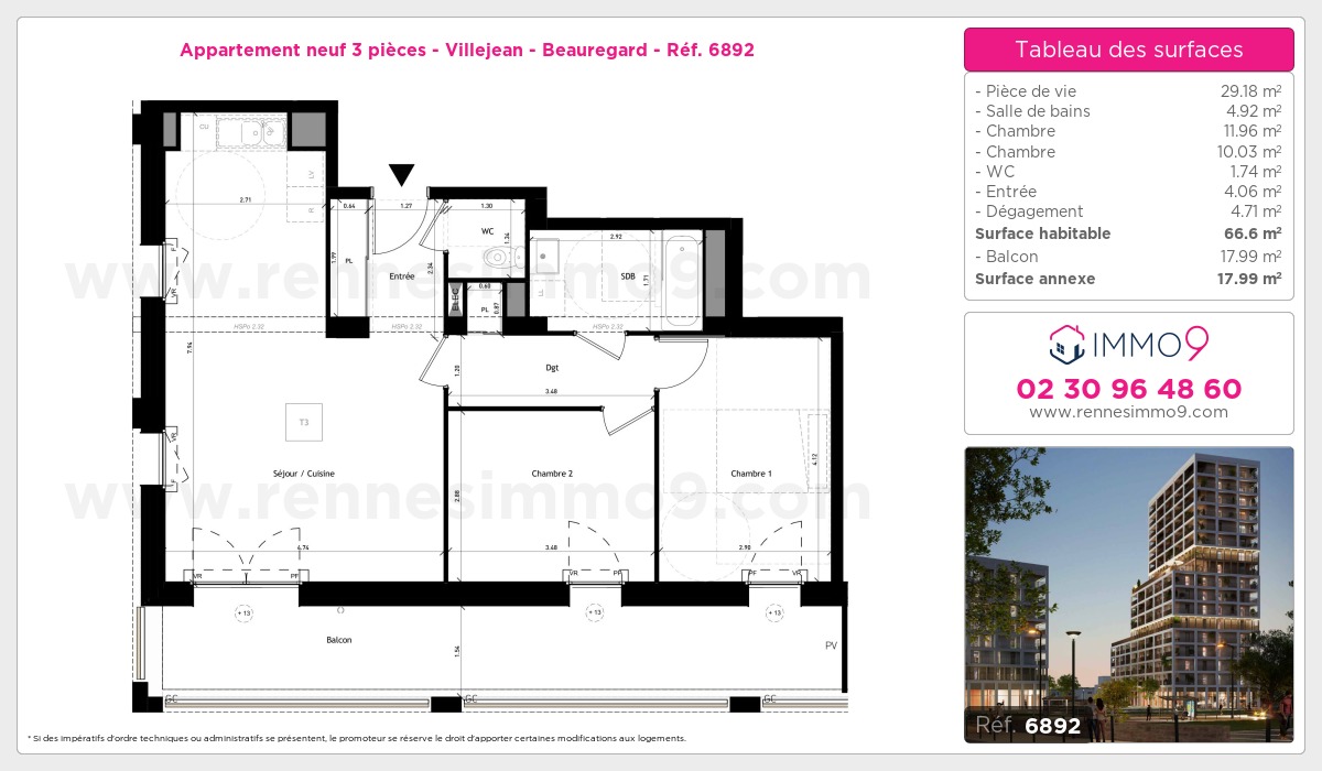 Plan et surfaces, Programme neuf Rennes : Villejean - Beauregard Référence n° 6892