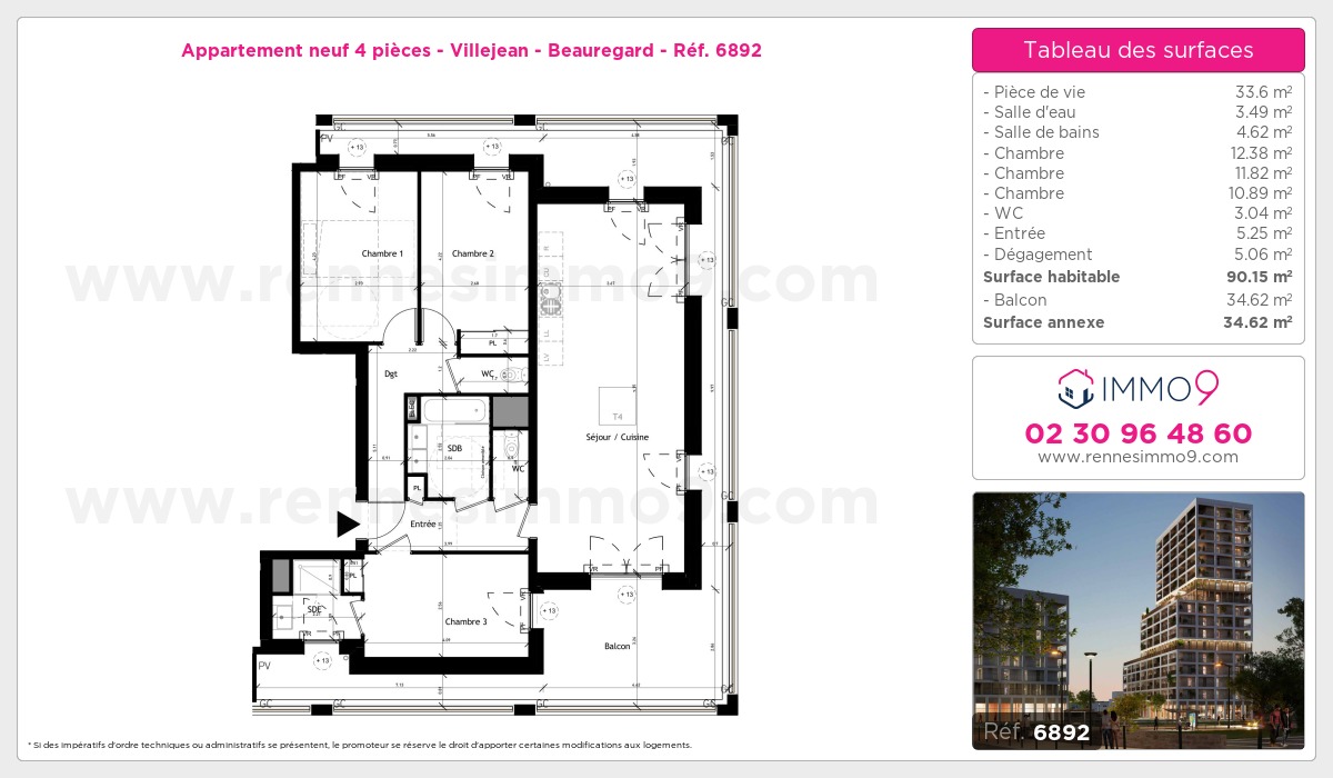 Plan et surfaces, Programme neuf Rennes : Villejean - Beauregard Référence n° 6892