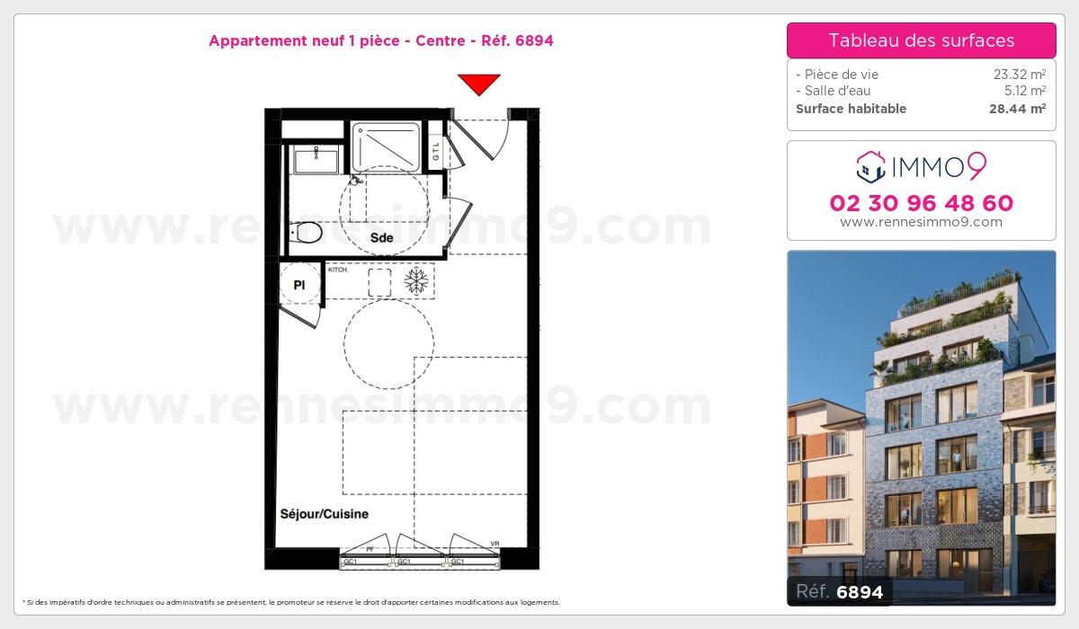 Plan et surfaces, Programme neuf Rennes : Centre Référence n° 6894