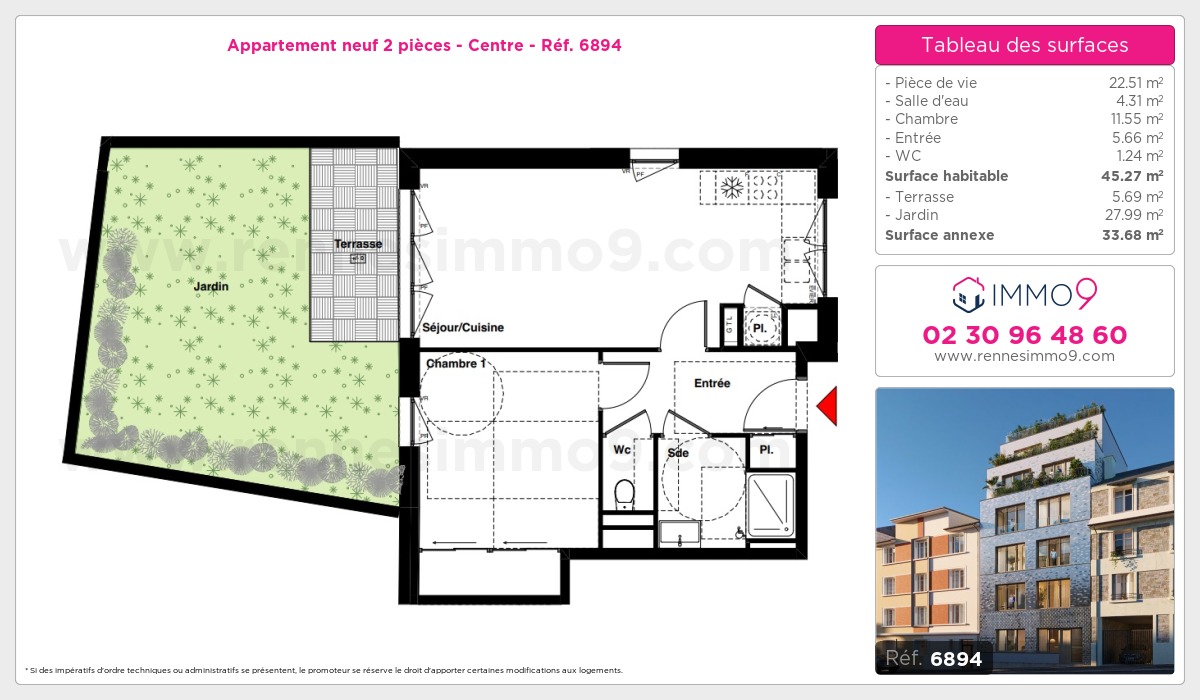 Plan et surfaces, Programme neuf Rennes : Centre Référence n° 6894