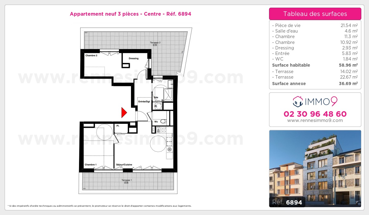 Plan et surfaces, Programme neuf Rennes : Centre Référence n° 6894