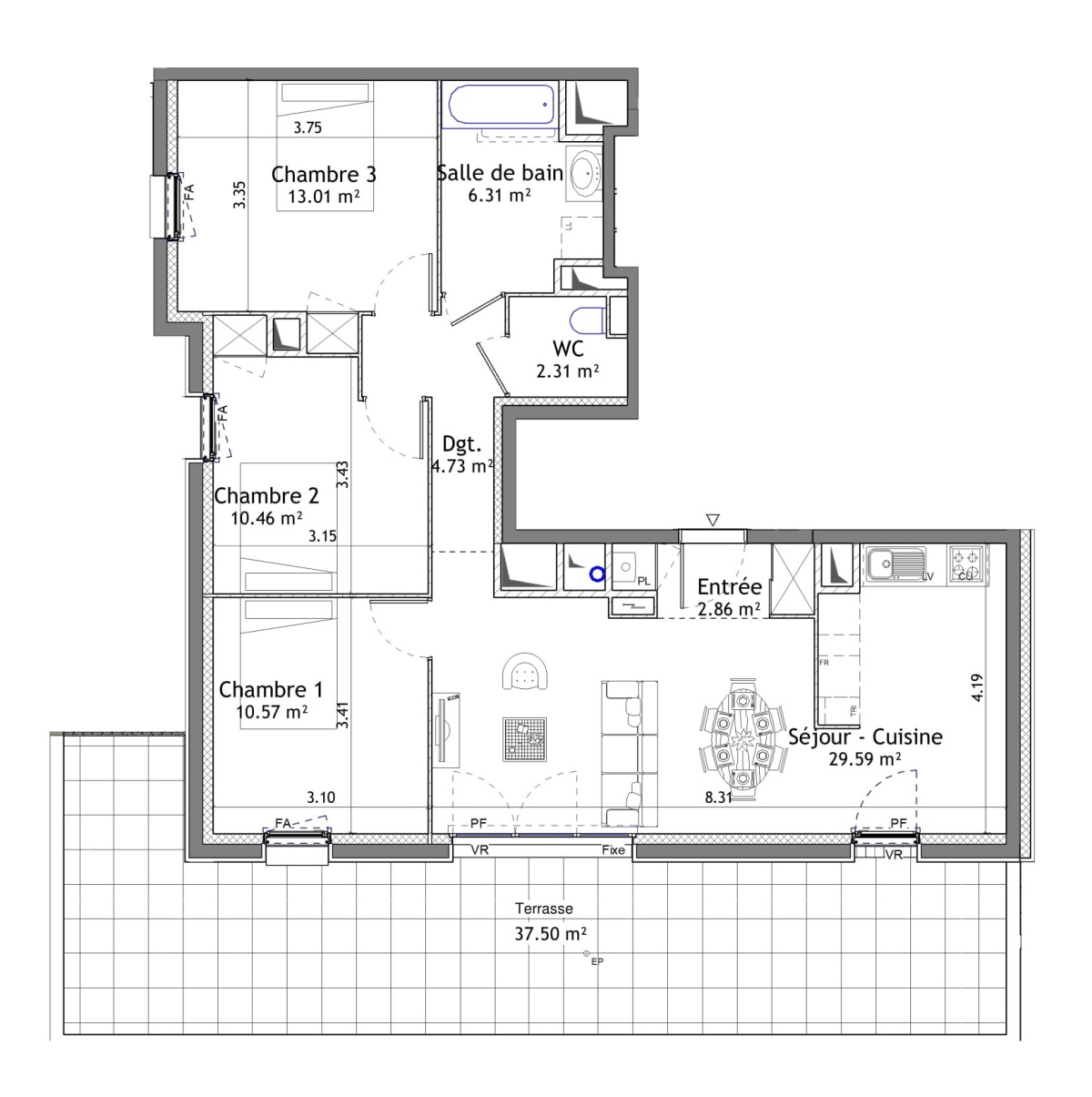 Plan, d’un appartement en attique commercialisé par Immo9 à Mordelle, commune de Rennes Métropole