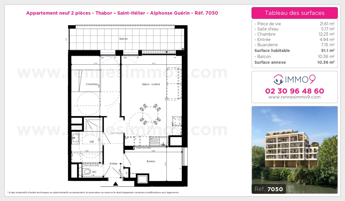 Plan et surfaces, Programme neuf Rennes : Thabor – Saint-Hélier - Alphonse Guérin Référence n° 7050