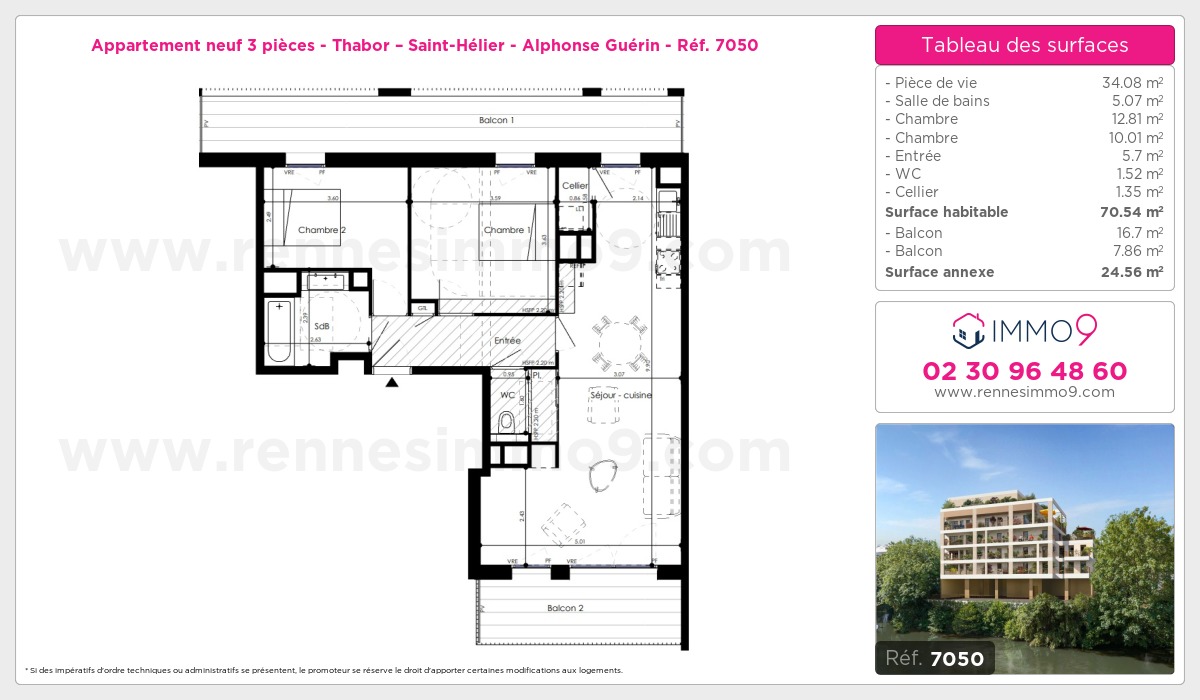 Plan et surfaces, Programme neuf Rennes : Thabor – Saint-Hélier - Alphonse Guérin Référence n° 7050