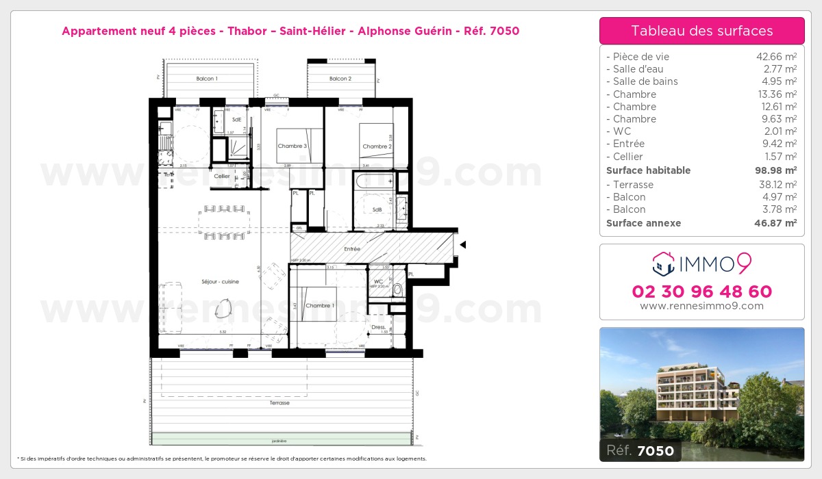 Plan et surfaces, Programme neuf Rennes : Thabor – Saint-Hélier - Alphonse Guérin Référence n° 7050