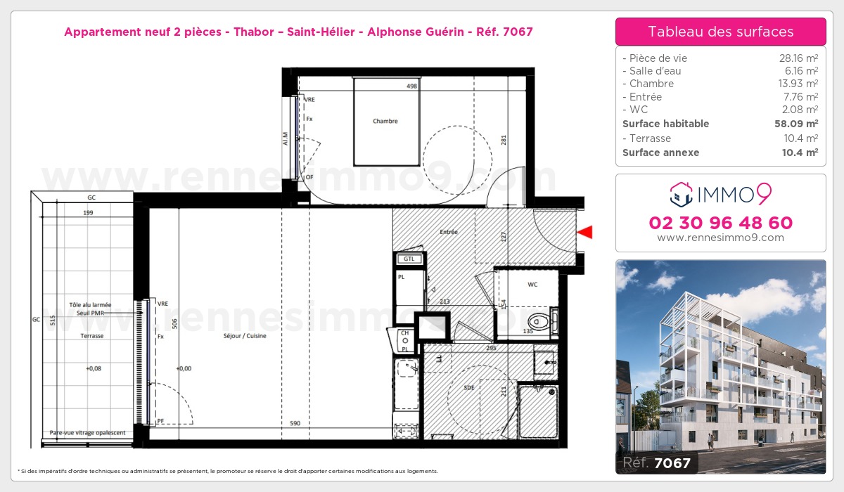 Plan et surfaces, Programme neuf Rennes : Thabor – Saint-Hélier - Alphonse Guérin Référence n° 7067