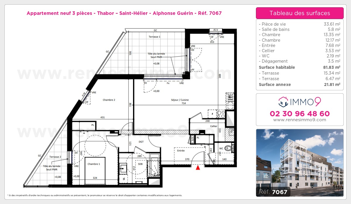 Plan et surfaces, Programme neuf Rennes : Thabor – Saint-Hélier - Alphonse Guérin Référence n° 7067