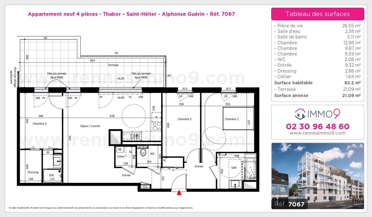 Plan et surfaces, Programme neuf Rennes : Thabor – Saint-Hélier - Alphonse Guérin Référence n° 7067