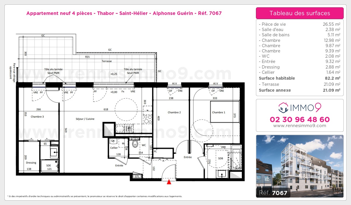 Plan et surfaces, Programme neuf Rennes : Thabor – Saint-Hélier - Alphonse Guérin Référence n° 7067