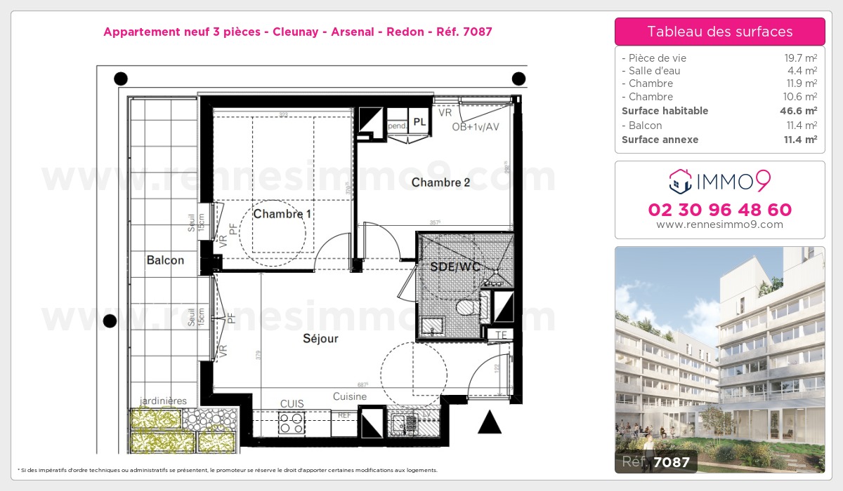 Plan et surfaces, Programme neuf Rennes : Cleunay - Arsenal - Redon Référence n° 7087