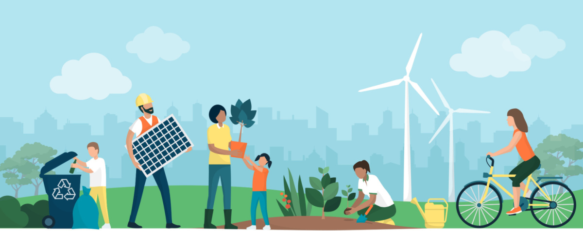 Illustration vectorielle représentant un groupe de personnes entrain d'agir pour la planète en jardinant, faisant du vélo et installant des panneaux photovoltaïques