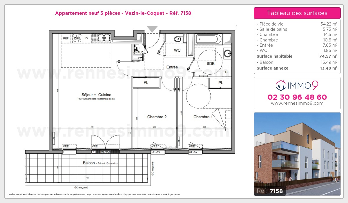 Plan et surfaces, Programme neuf Vezin-le-Coquet Référence n° 7158