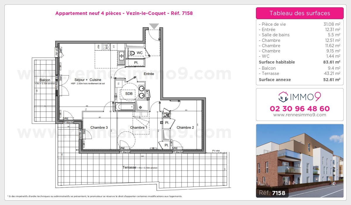 Plan et surfaces, Programme neuf Vezin-le-Coquet Référence n° 7158