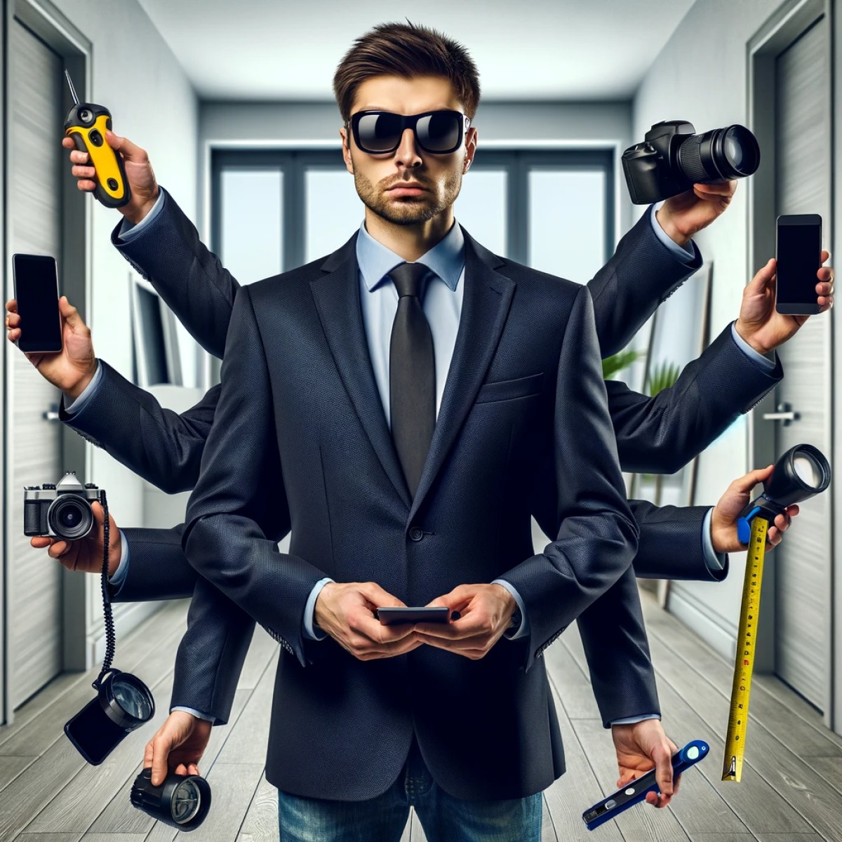 un homme en costume tient des outils de contrôle de la réception de son appartement neuf acheté en vefa dans ses multiples mains