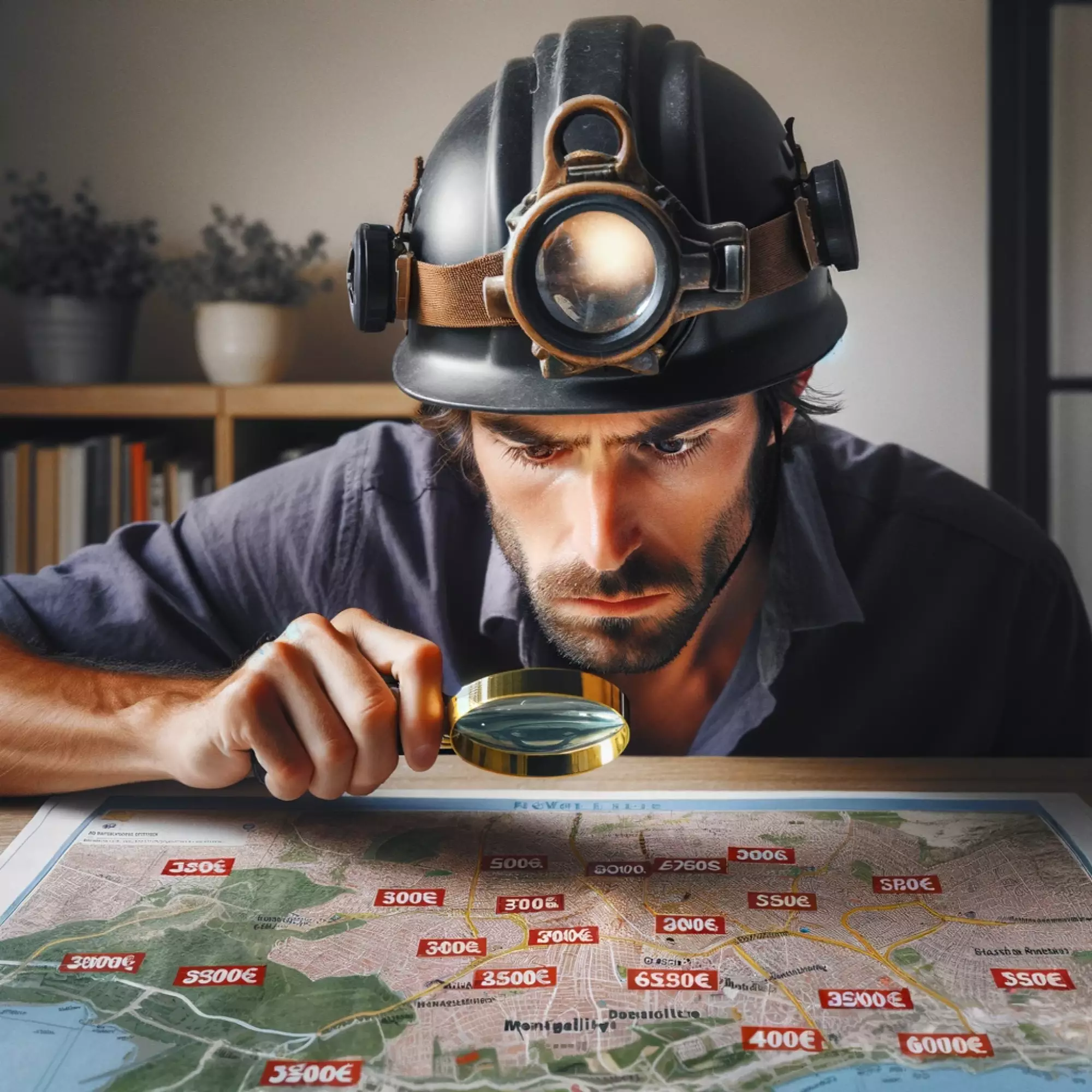 homme casqué qui cherche les meilleurs prix de l immobilier sur une carte de Montpellier