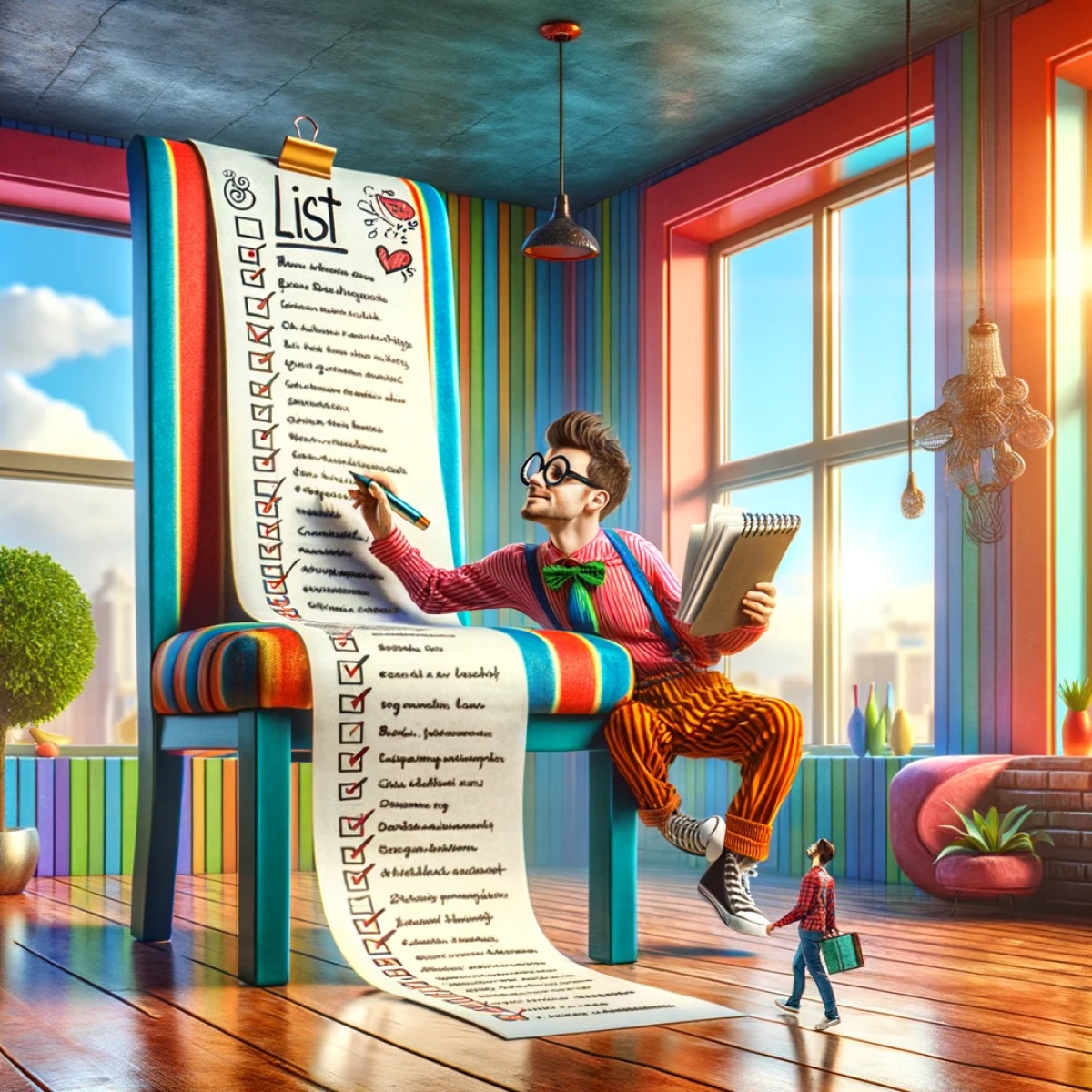 un homme assis sur une chaise coche une liste géante dans une pièce très colorée